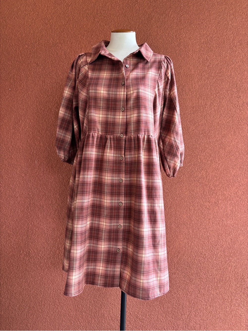 Umgee Plaid Button-Front Mini Dress in Dusty Rose and Cream